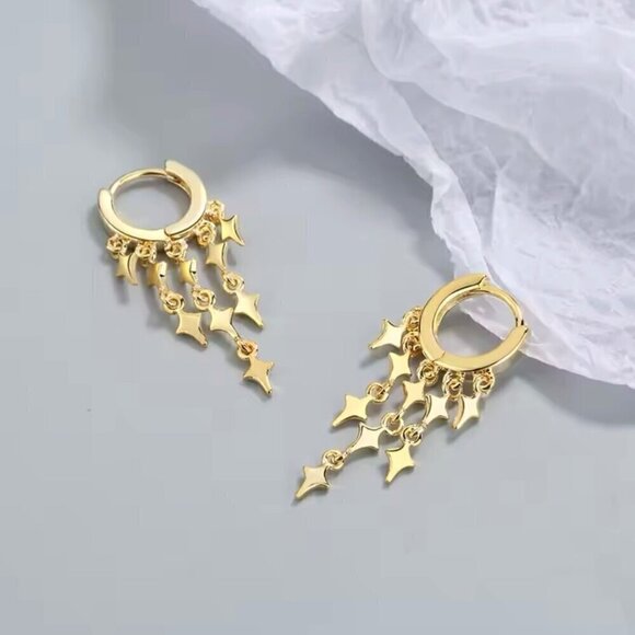 NWT Dangle Earrings Huggie Hoop Star Fringe Tassel 14K Gold Plated - Picture 3 of 10
